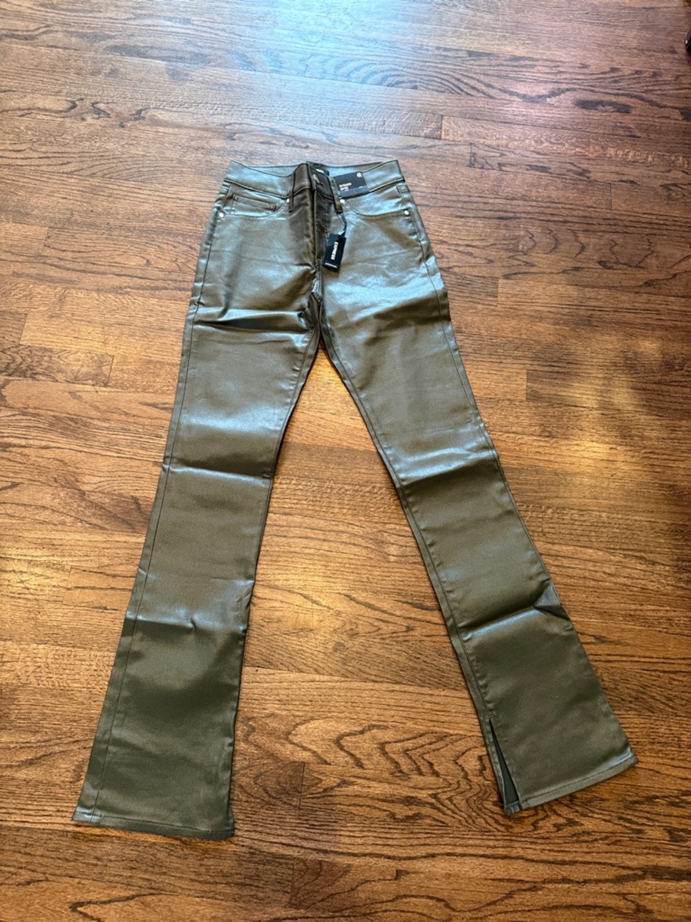 Express Coated Flare Jeans in Olive